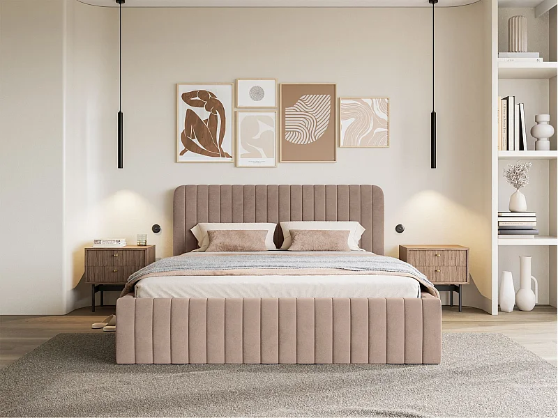 Lit capitonné double - 160x200 cm - en velours beige - SALIANO