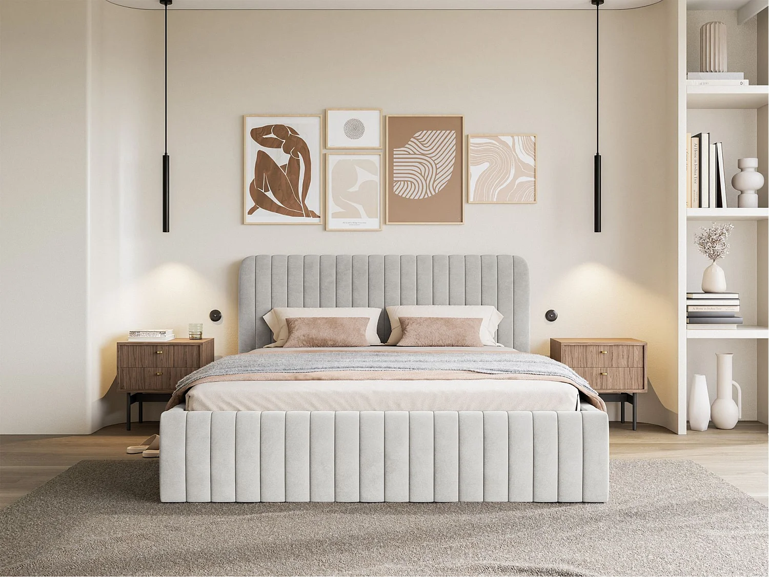 Tweepersoonsbed gestoffeerd - 160x200 cm - in grijs fluweel - SALIANO