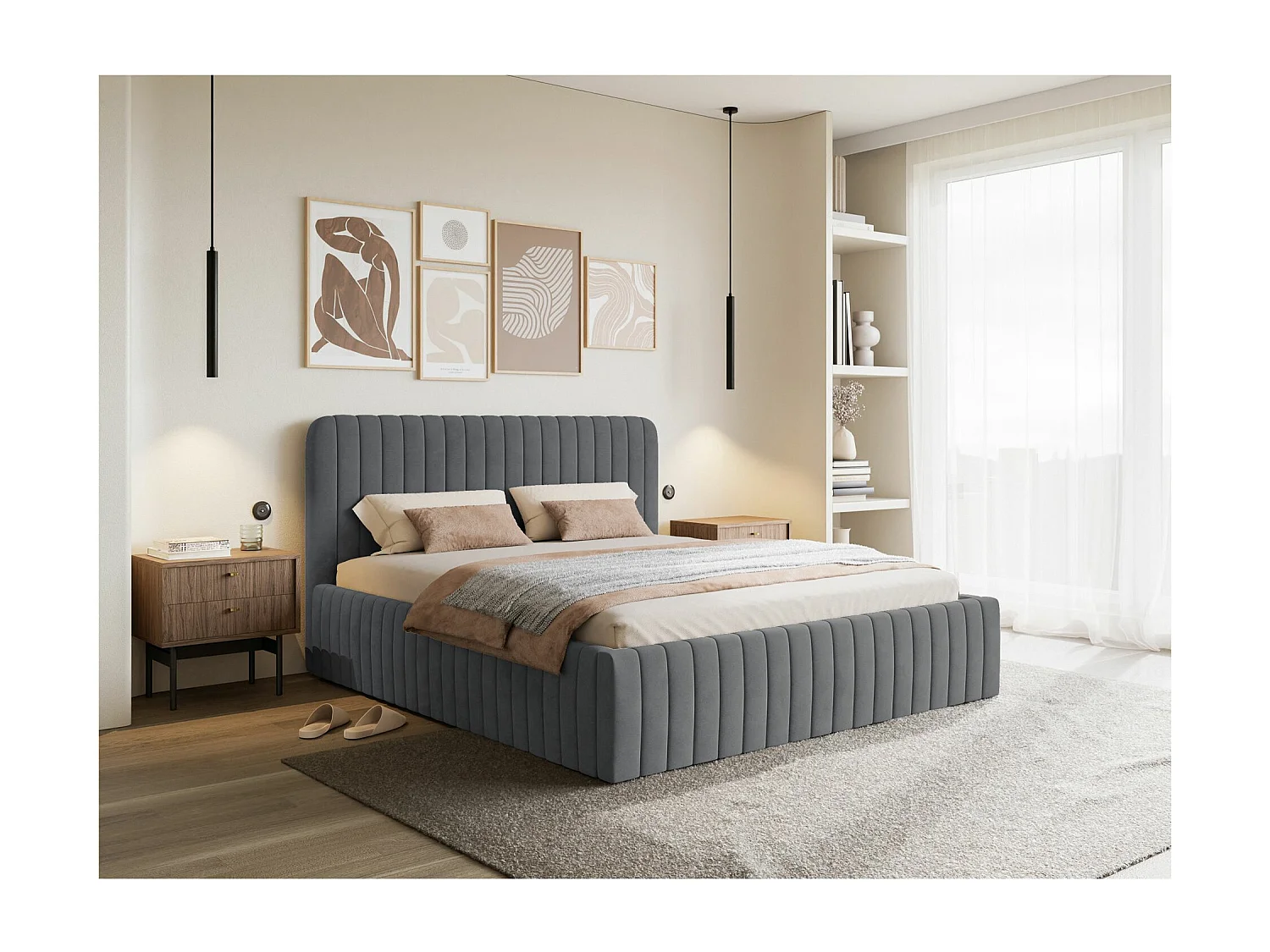 Lit capitonné double - 140x200 cm - en velours bleu-gris - SALIANO