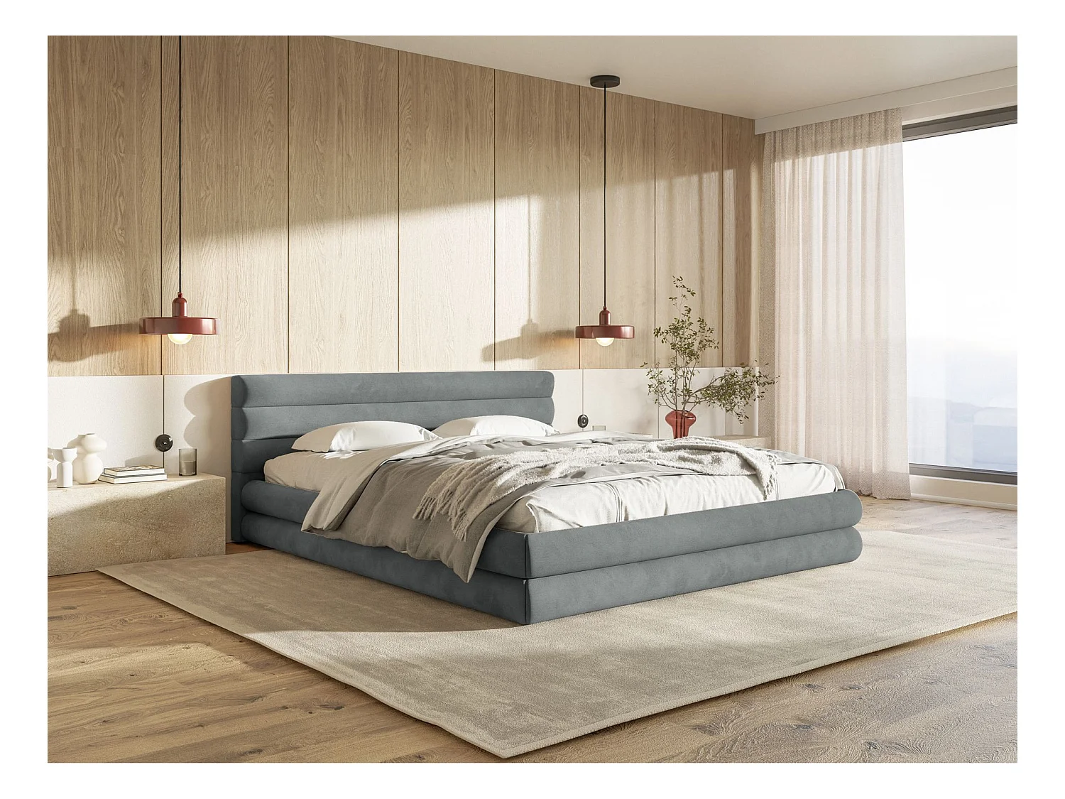 Lit coffre - 180x200 cm - en velours déperlant gris - ALEGRE