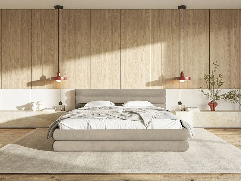 Opbergbed - 140x200 cm - in waterafstotend grijsbeige fluweel - ALEGRE