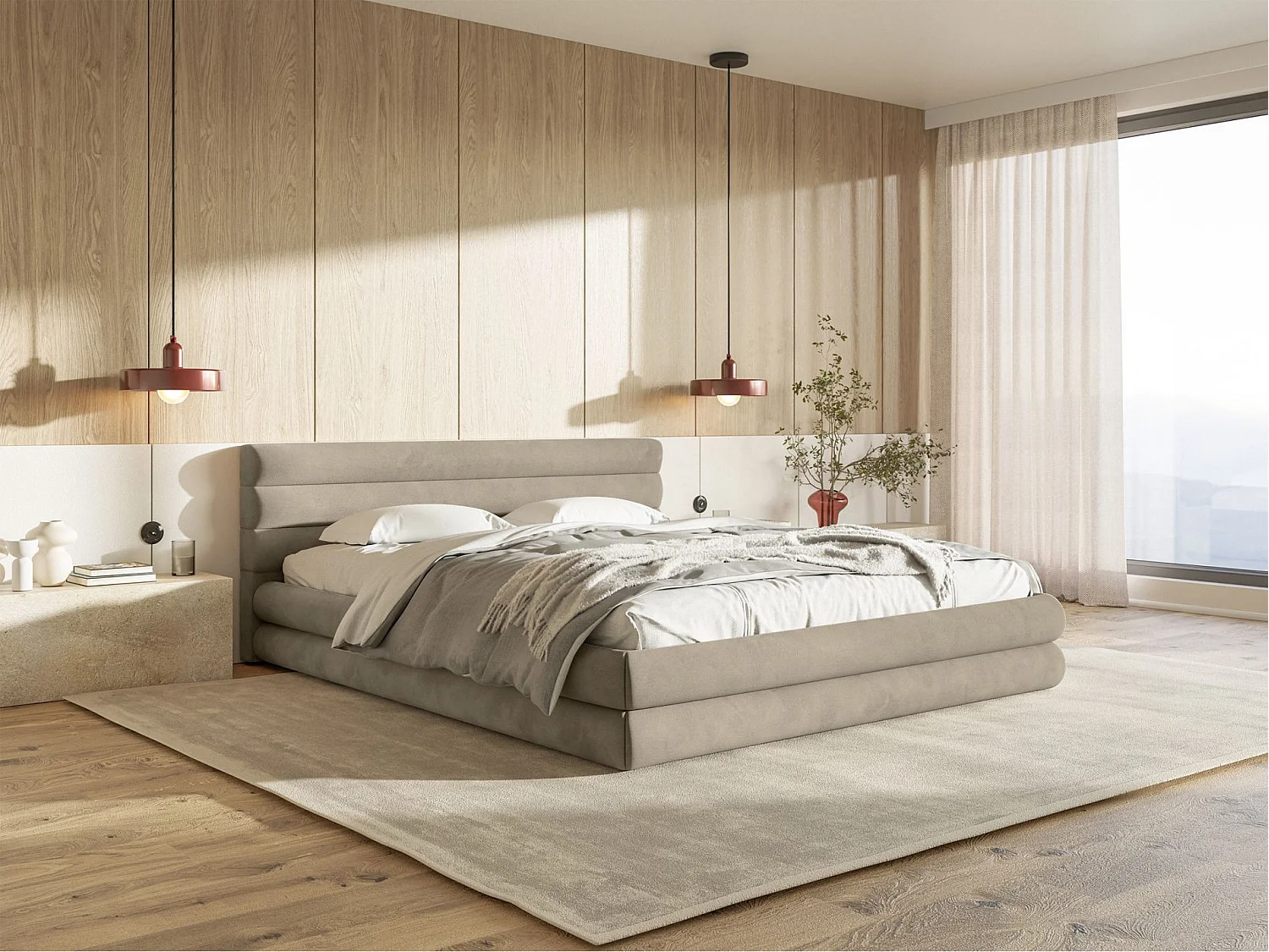 Opbergbed - 140x200 cm - in waterafstotend grijsbeige fluweel - ALEGRE