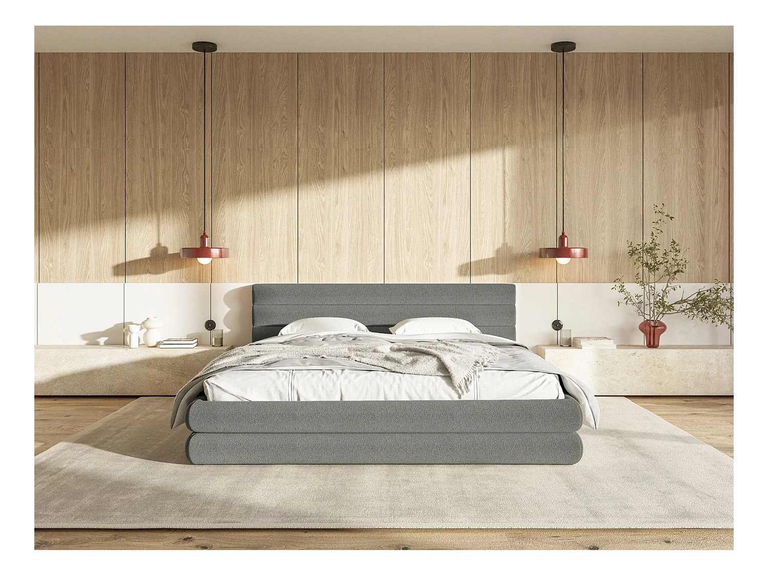 Lit coffre - 140x200 cm - en tissu chenille gris - ALEGRE