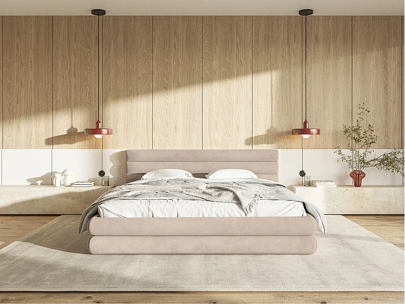 Opbergbed - 140x200 cm - in beige waterafstotend fluweel - ALEGRE