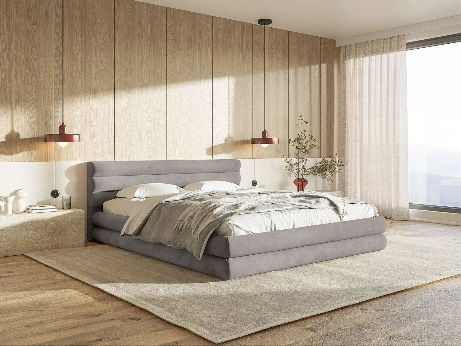 Opbergbed - 160x200 cm - in lichtgrijs waterafstotend fluweel - ALEGRE