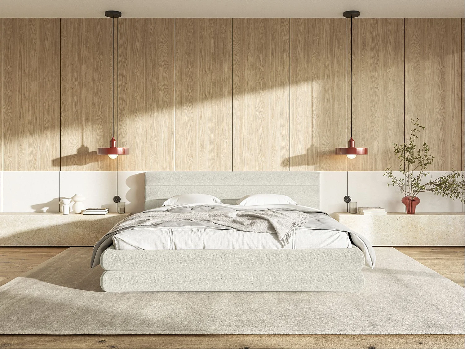 Opbergbed - 140x200 cm - in crèmekleurige chenillestof - ALEGRE