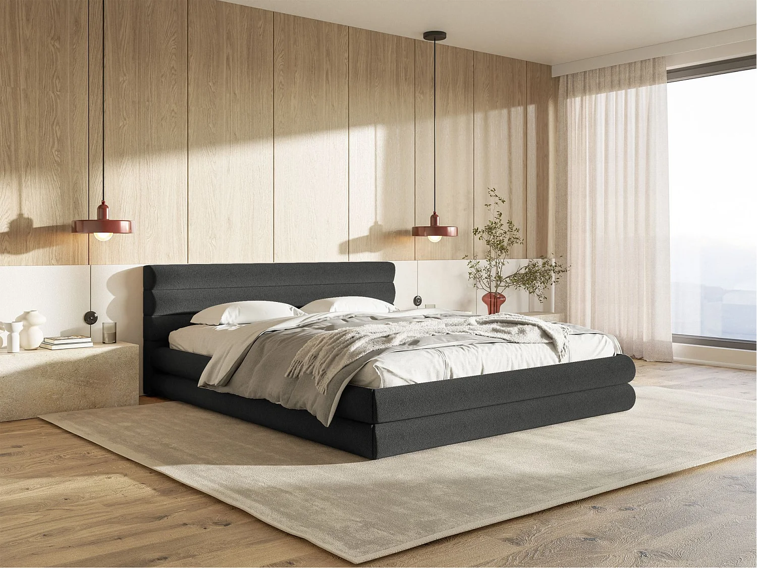 Lit coffre - 140x200 cm - en tissu chenille graphite - ALEGRE