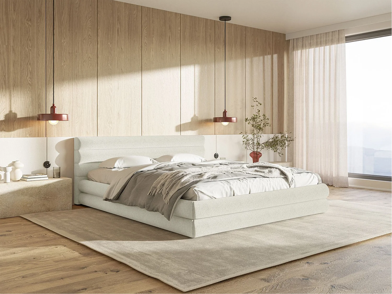 Lit coffre - 160x200 cm - en tissu chenille crème - ALEGRE