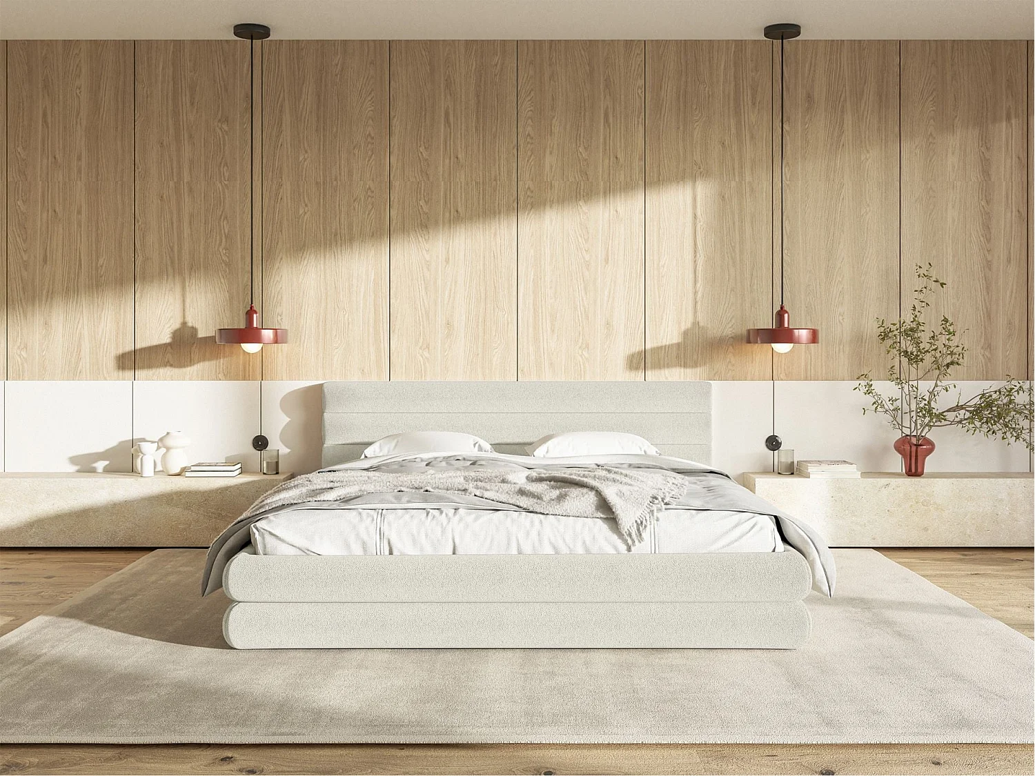 Opbergbed - 160x200 cm - in crèmekleurige chenillestof - ALEGRE