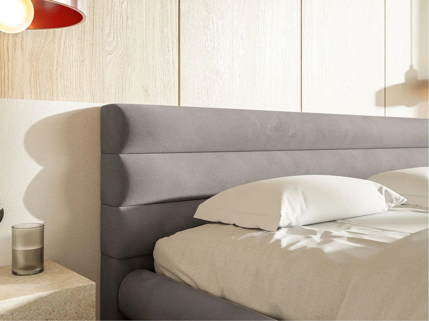 Lit coffre - 140x200 cm - en velours déperlant gris clair - ALEGRE