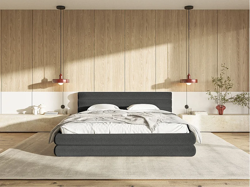 Lit coffre - 160x200 cm - en tissu chenille graphite - ALEGRE