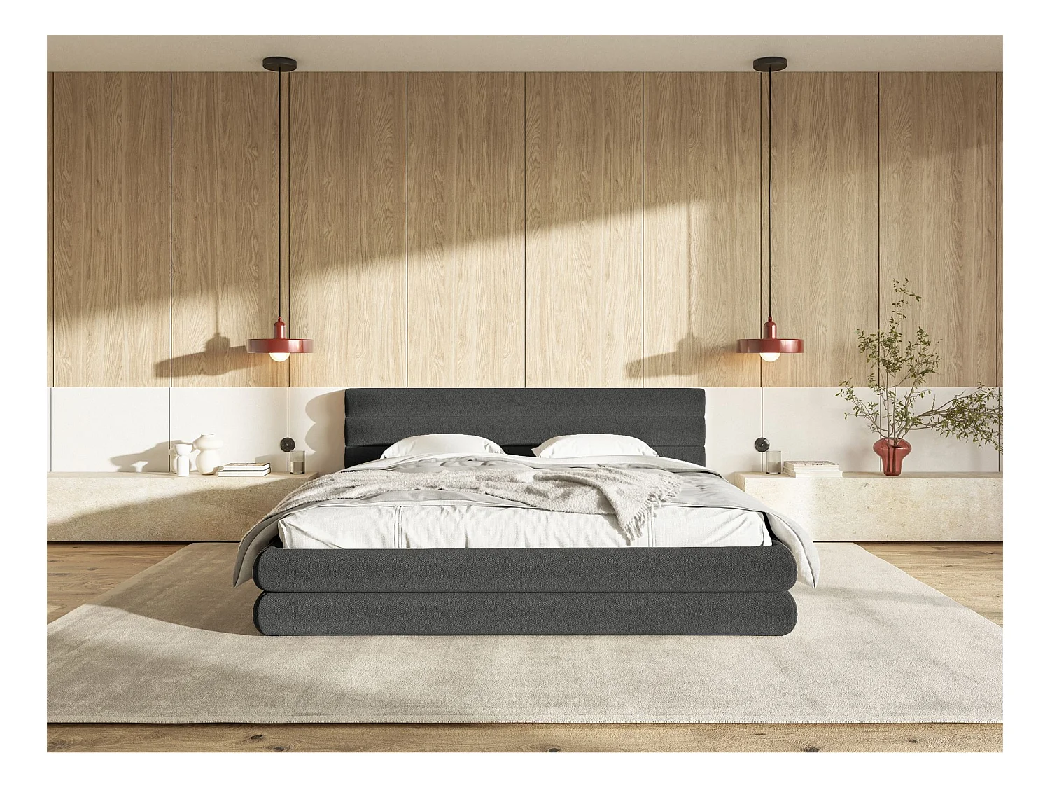 Lit coffre - 160x200 cm - en tissu chenille graphite - ALEGRE