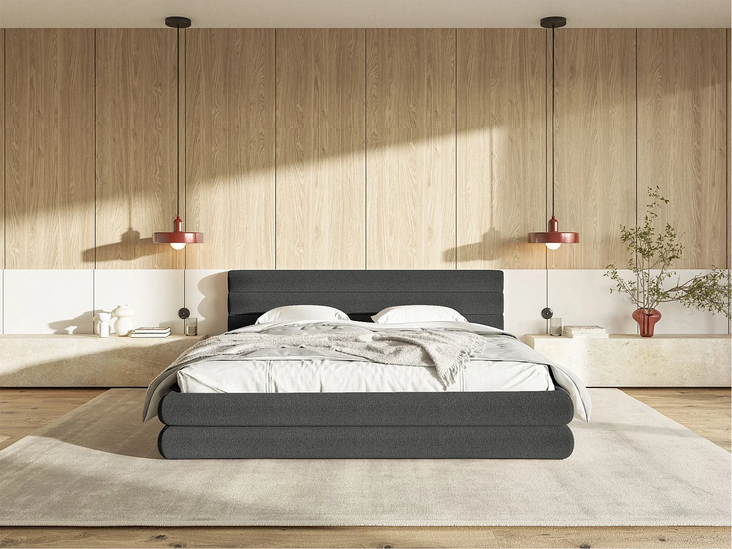 Lit coffre - 160x200 cm - en tissu chenille graphite - ALEGRE
