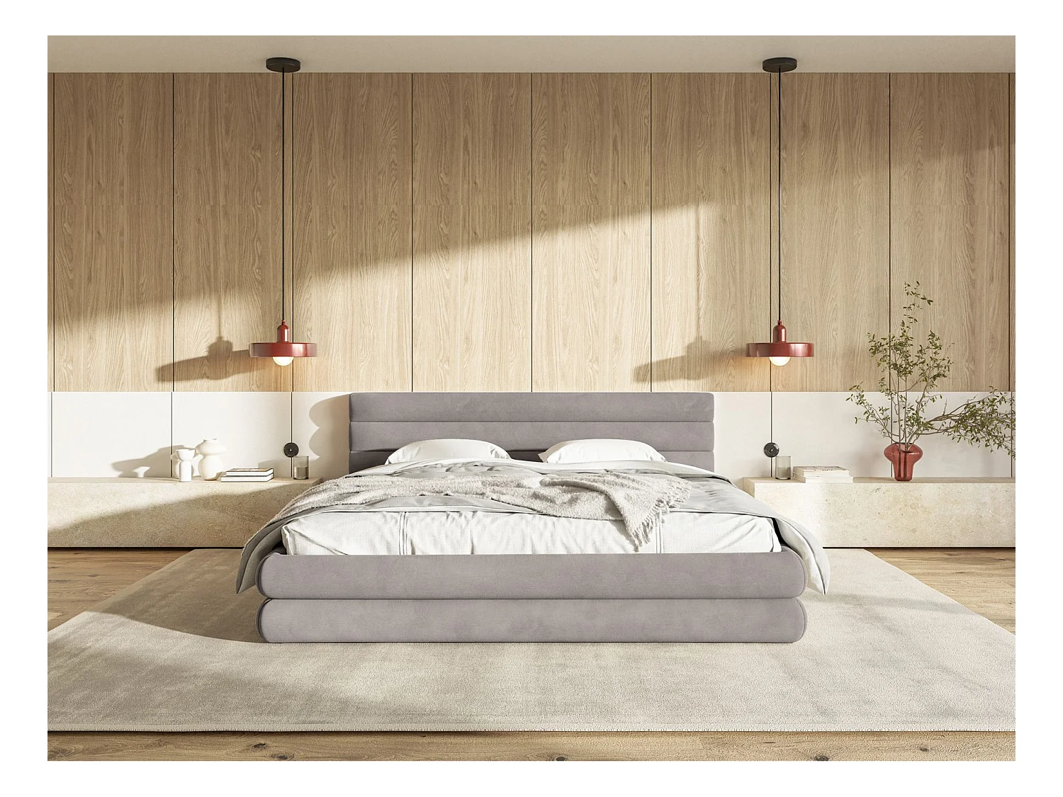 Lit coffre - 180x200 cm - en velours déperlant gris clair - ALEGRE