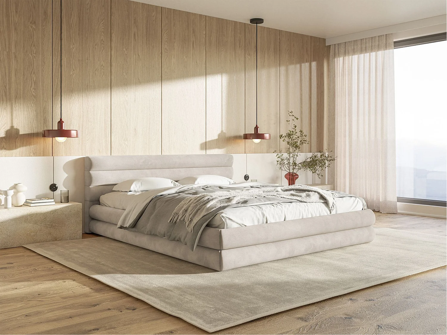 Lit coffre - 180x200 cm - en velours déperlant gris beige - ALEGRE