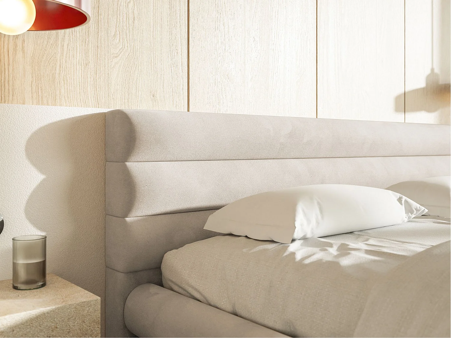 Lit coffre - 180x200 cm - en velours déperlant gris beige - ALEGRE