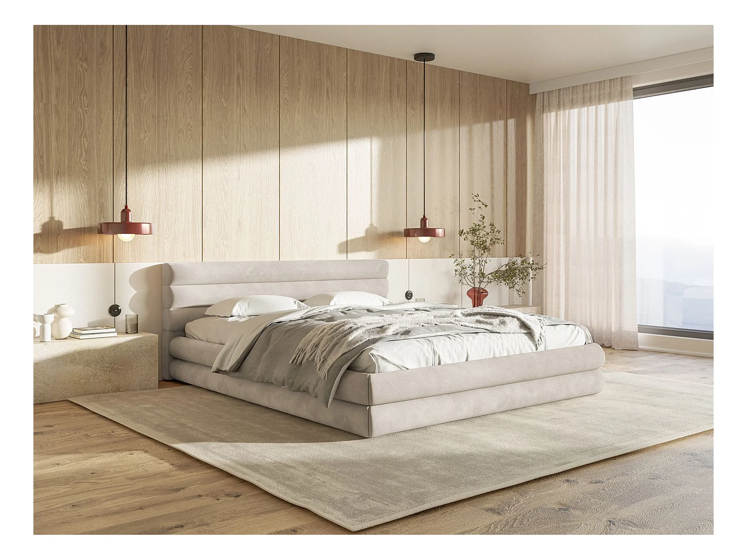 Lit coffre - 180x200 cm - en velours déperlant gris beige - ALEGRE