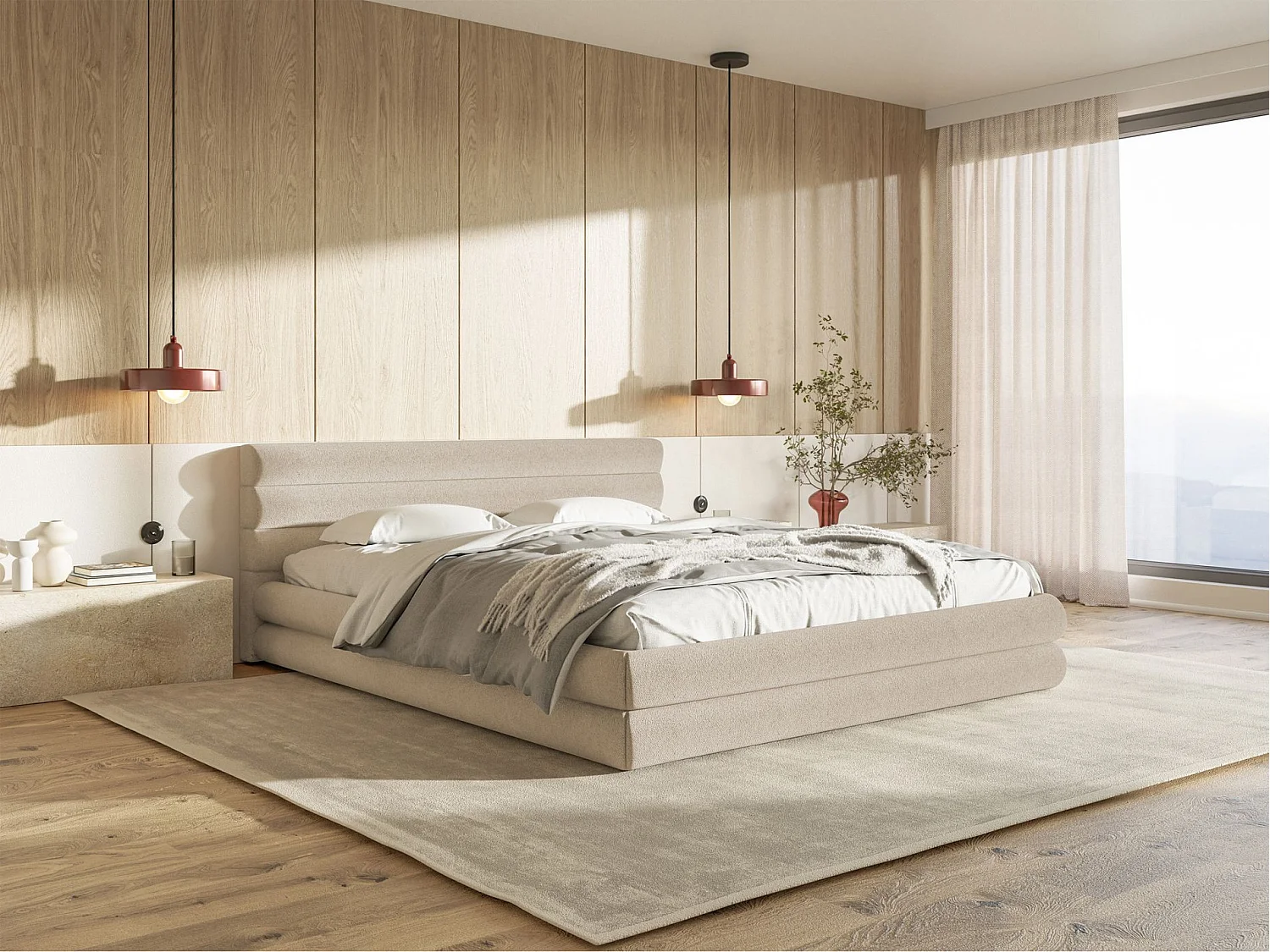 Lit coffre - 160x200 cm - en tissu chenille beige clair - ALEGRE