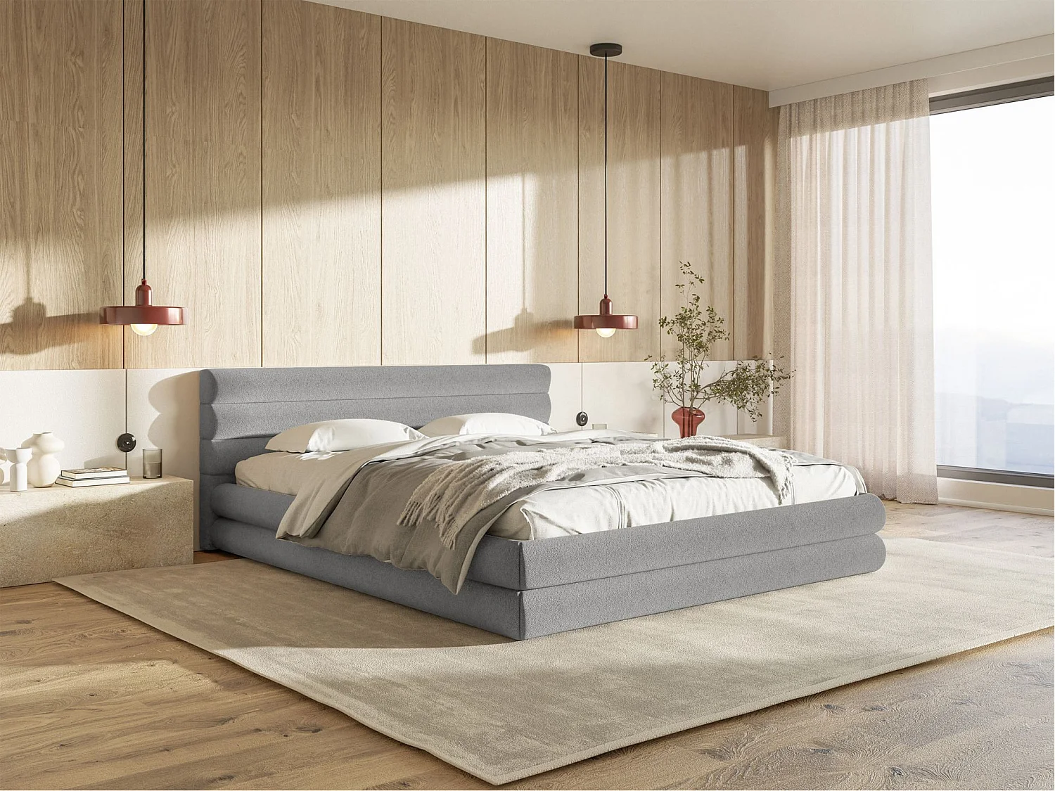 Lit coffre - 180x200 cm - en tissu chenille gris clair - ALEGRE