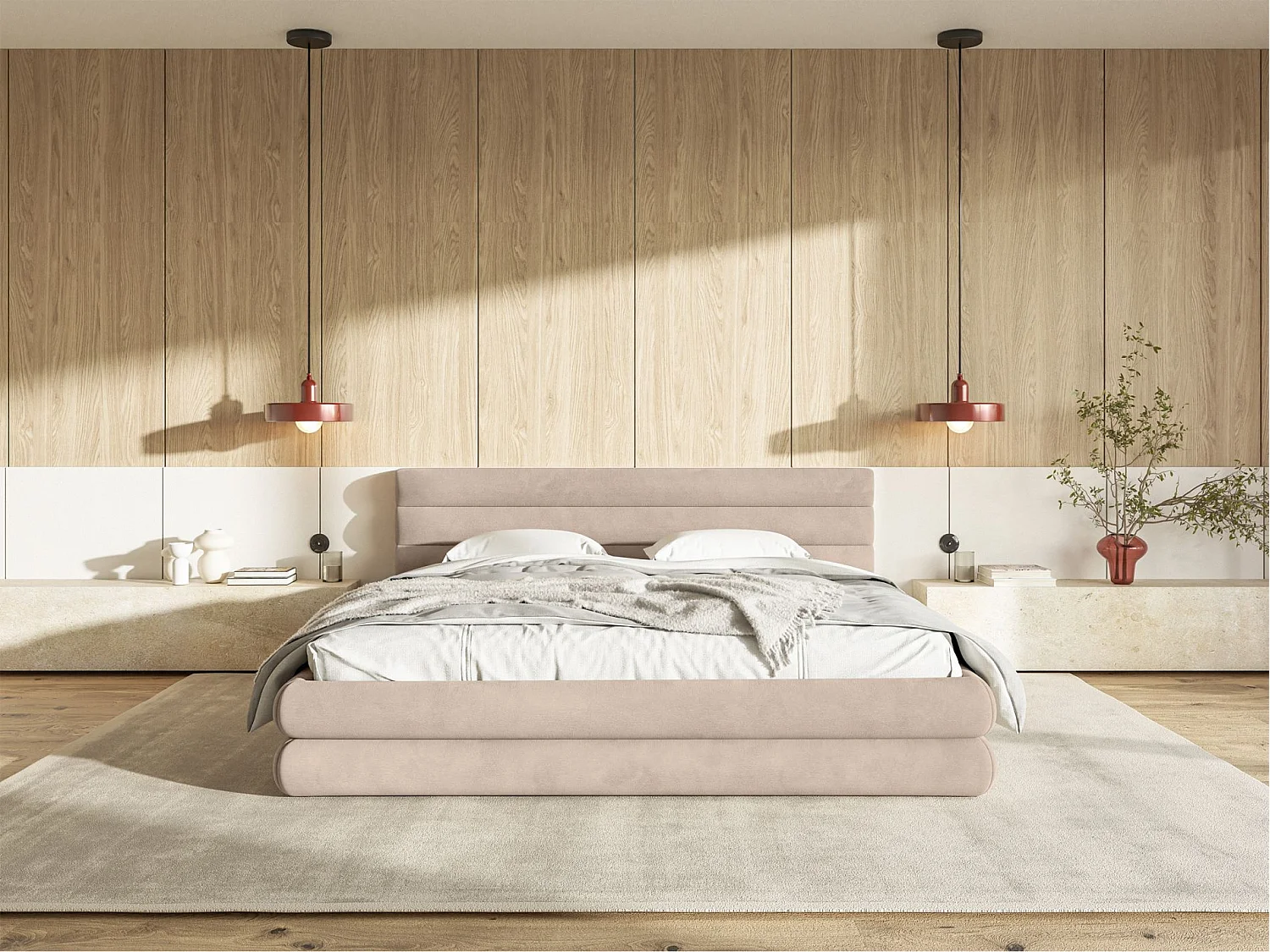 Lit coffre - 160x200 cm - en velours déperlant beige - ALEGRE