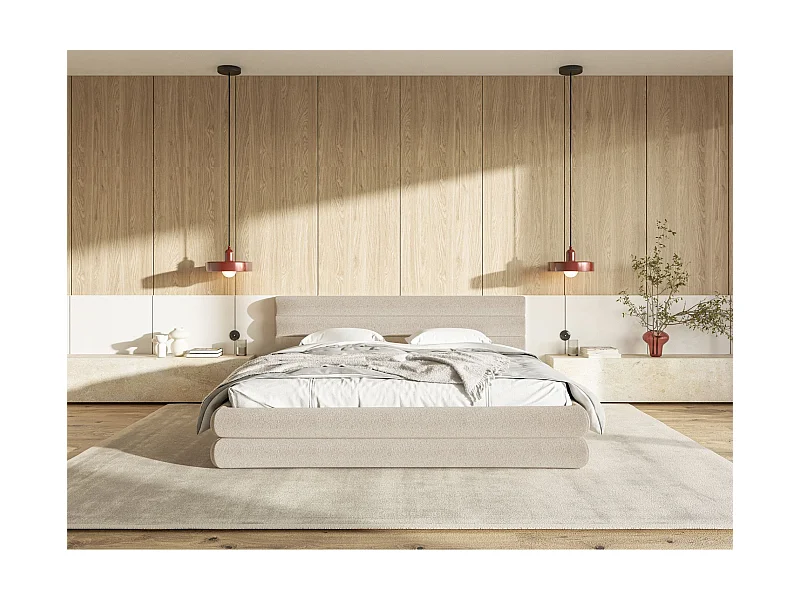 Polsterbett mit Chenille-Bezug und Stauraum – Hellbeige – 180x200 cm – ALEGRE