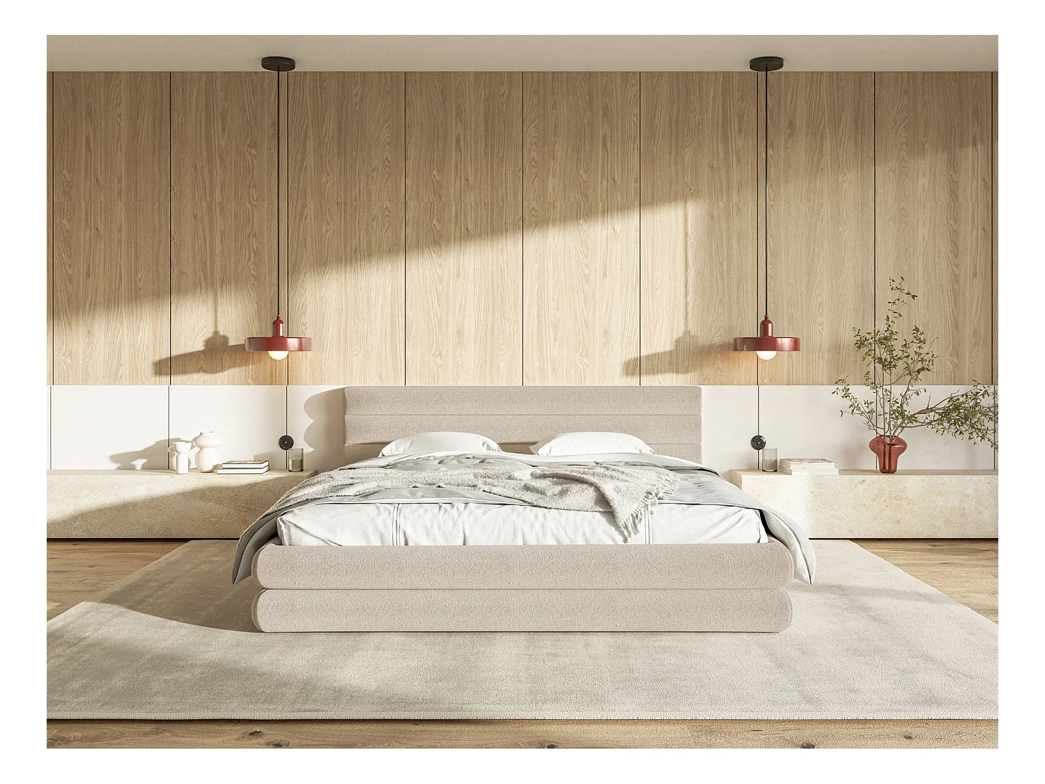 Lit coffre - 180x200 cm - en tissu chenille beige clair - ALEGRE