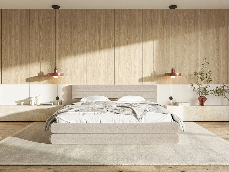 Lit coffre - 180x200 cm - en tissu chenille beige clair - ALEGRE
