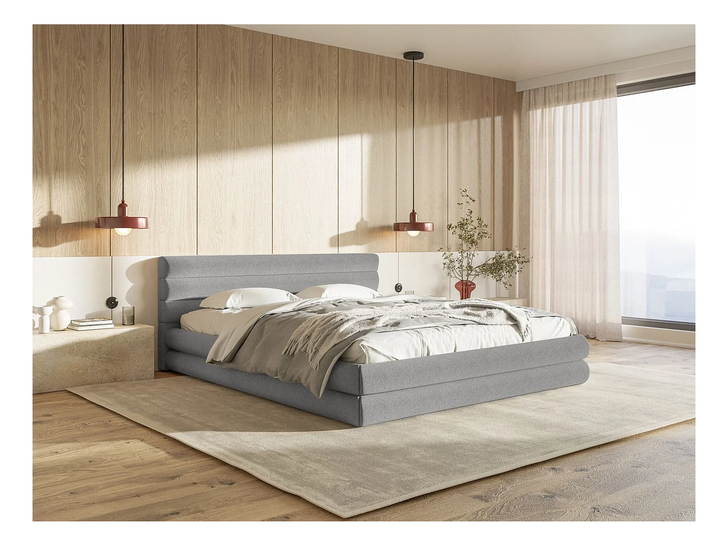 Lit coffre - 140x200 cm - en tissu chenille gris clair - ALEGRE