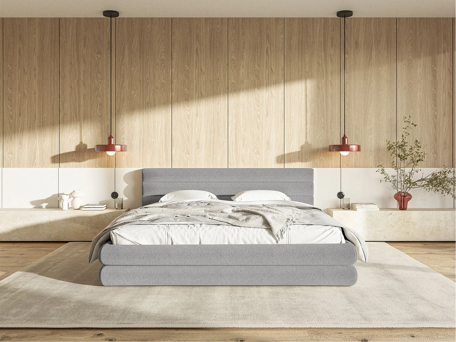 Opbergbed - 140x200 cm - in lichtgrijze chenillestof - ALEGRE