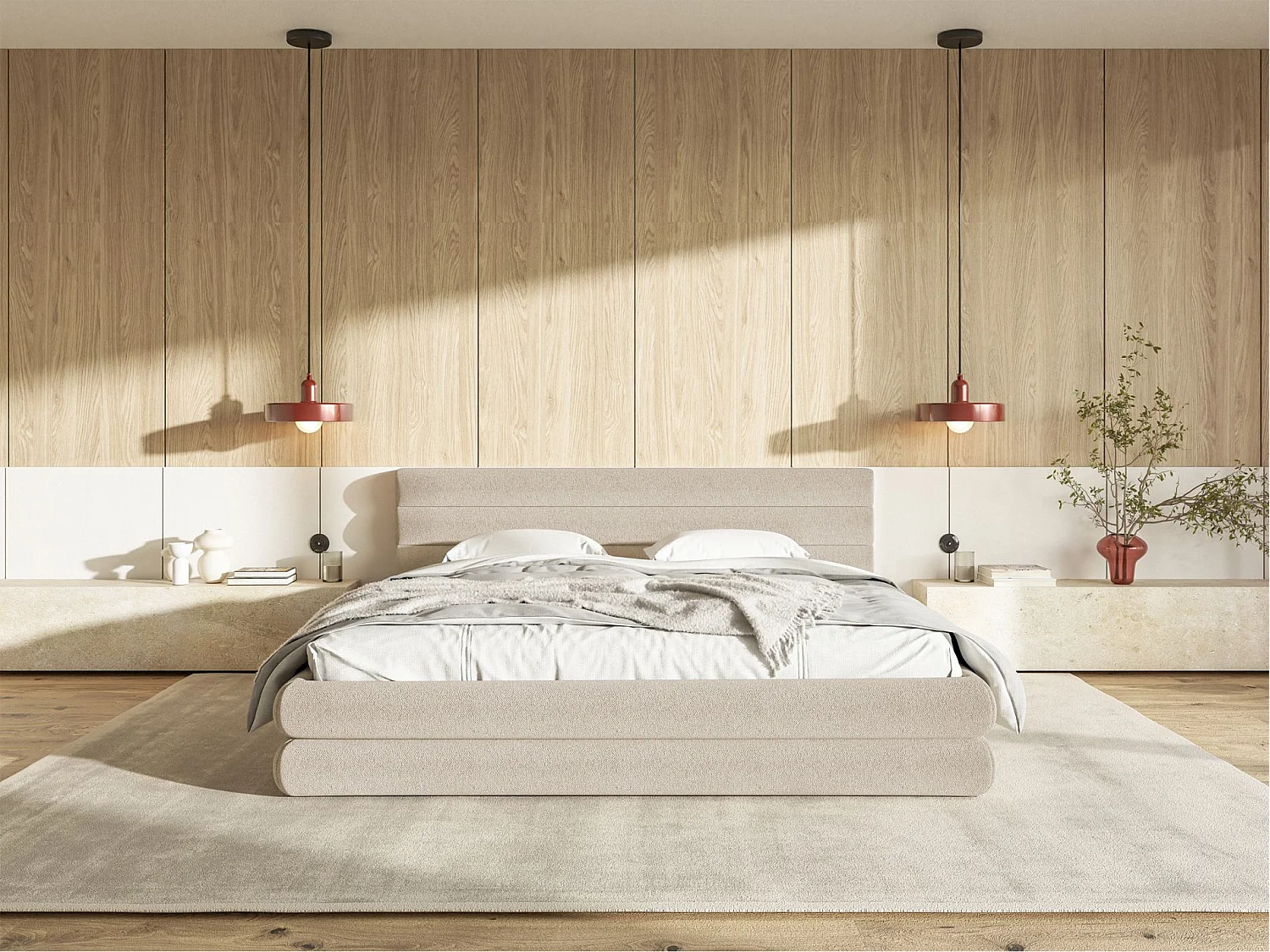 Lit coffre - 140x200 cm - en tissu chenille beige clair - ALEGRE
