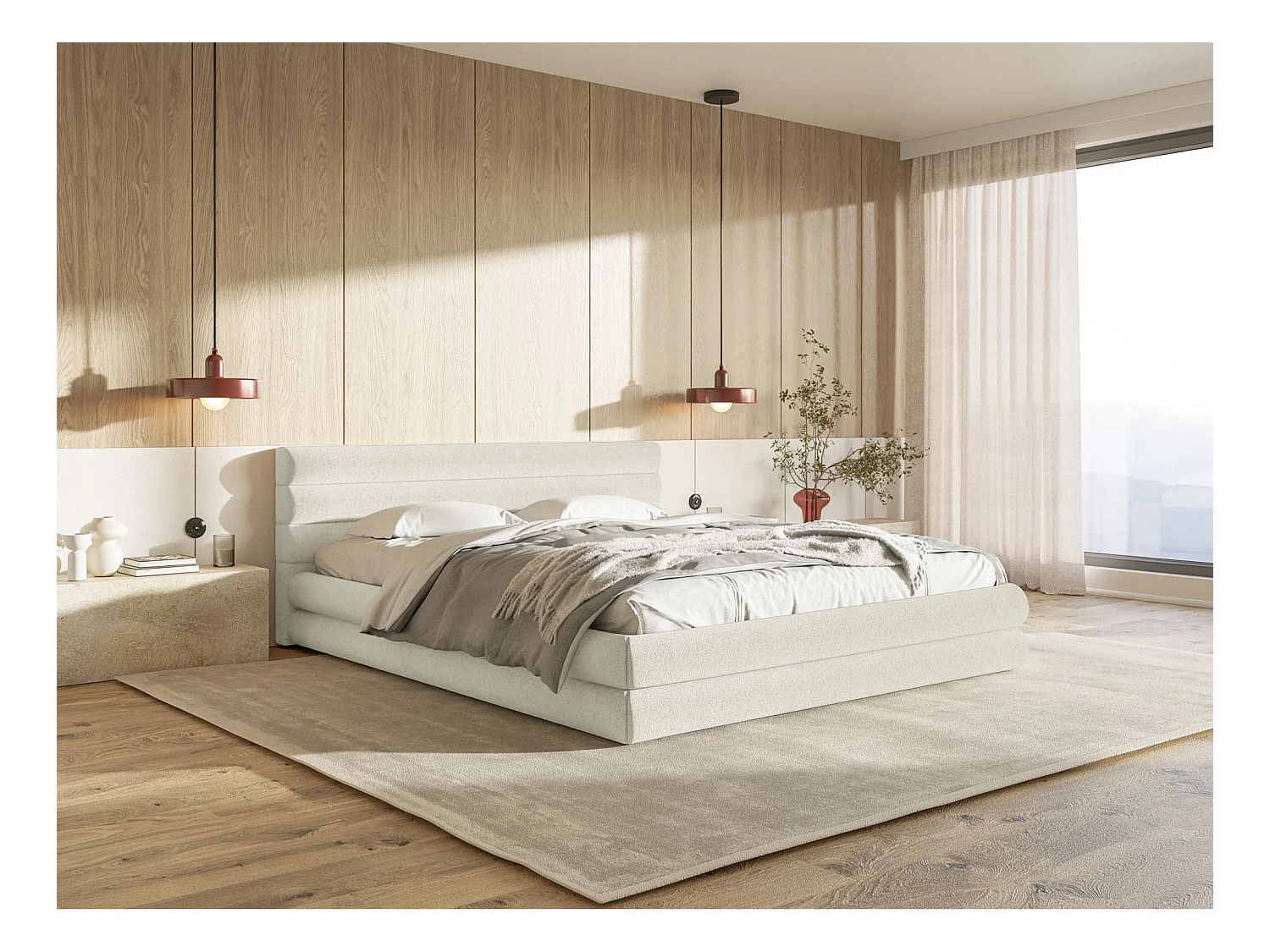 Lit coffre - 180x200 cm - en tissu chenille crème - ALEGRE