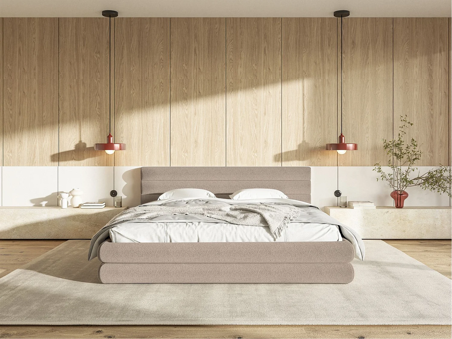 Lit coffre - 180x200 cm - en tissu chenille beige - ALEGRE