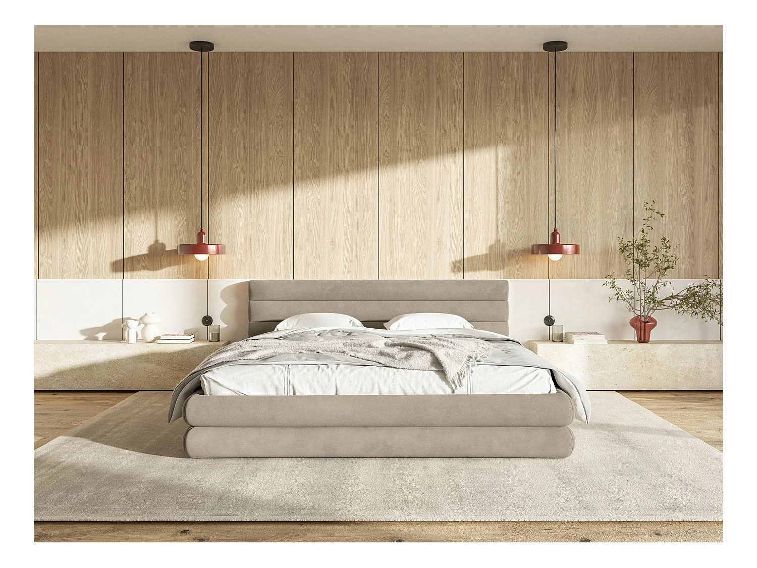 Lit coffre - 160x200 cm - en velours déperlant gris-beige - ALEGRE