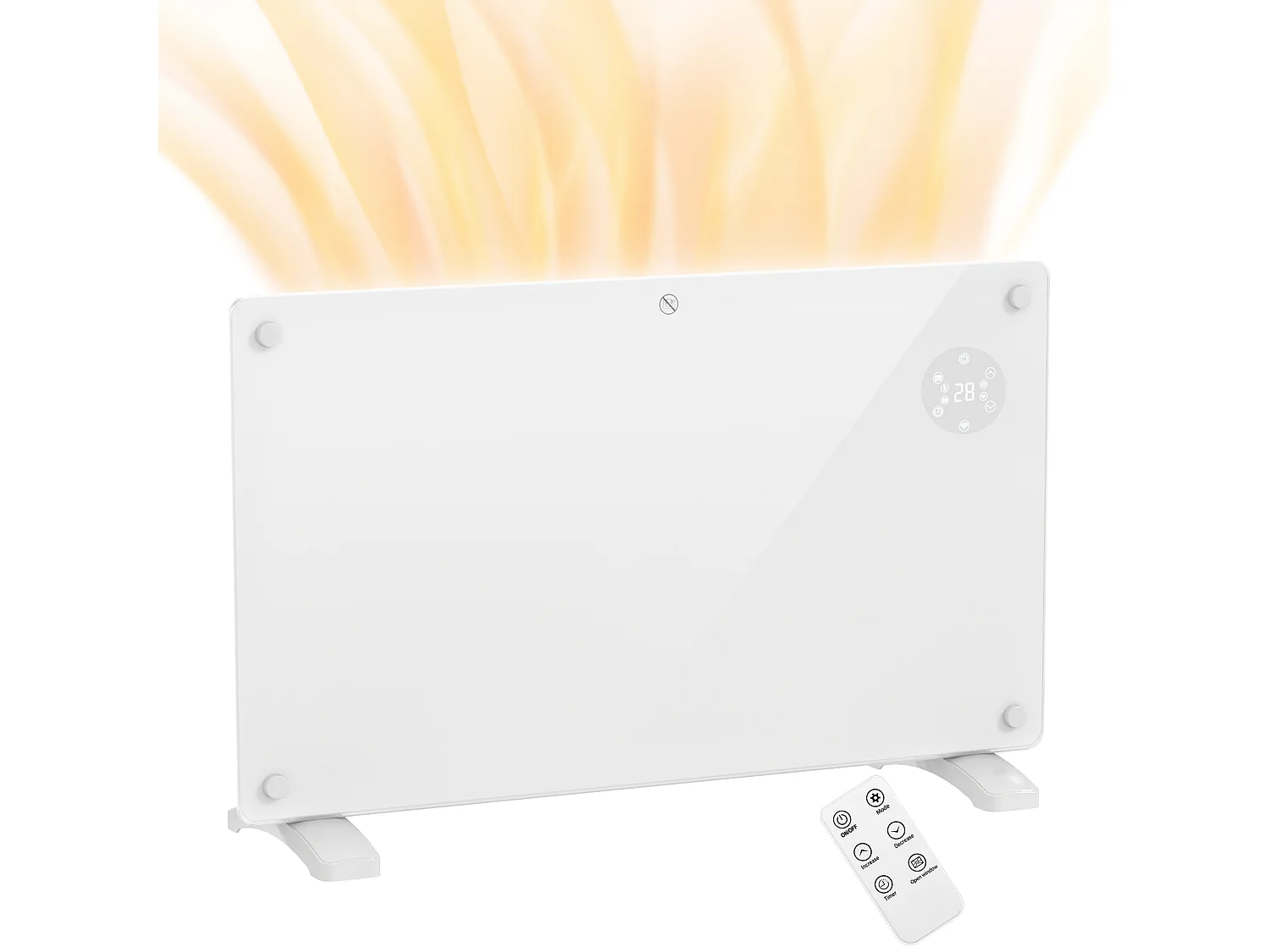 Radiateur à convection 1500W mural autoportant - affichage LED, timer 24h, thermostat, télécommande - verre blanc