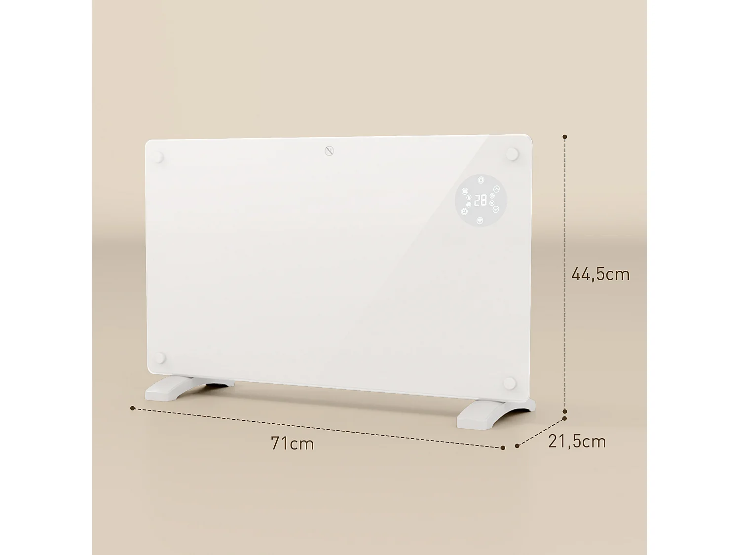 Radiateur à convection 1500W mural autoportant - affichage LED, timer 24h, thermostat, télécommande - verre blanc