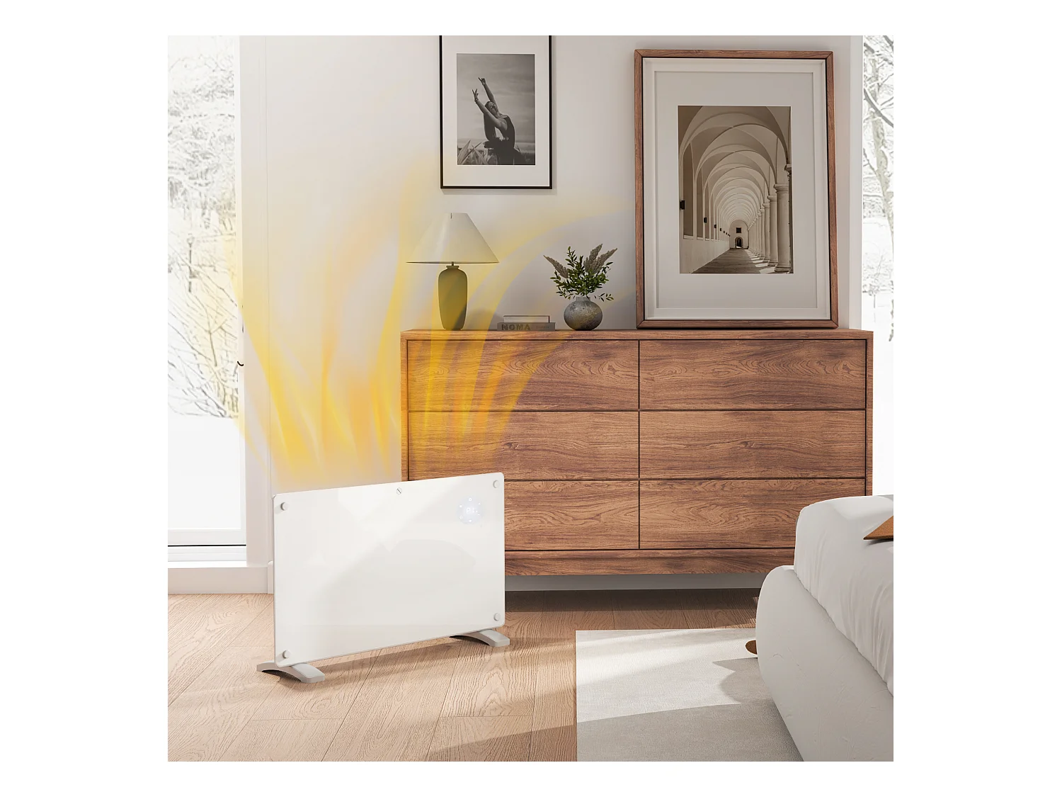 Radiateur à convection 1500W mural autoportant - affichage LED, timer 24h, thermostat, télécommande - verre blanc