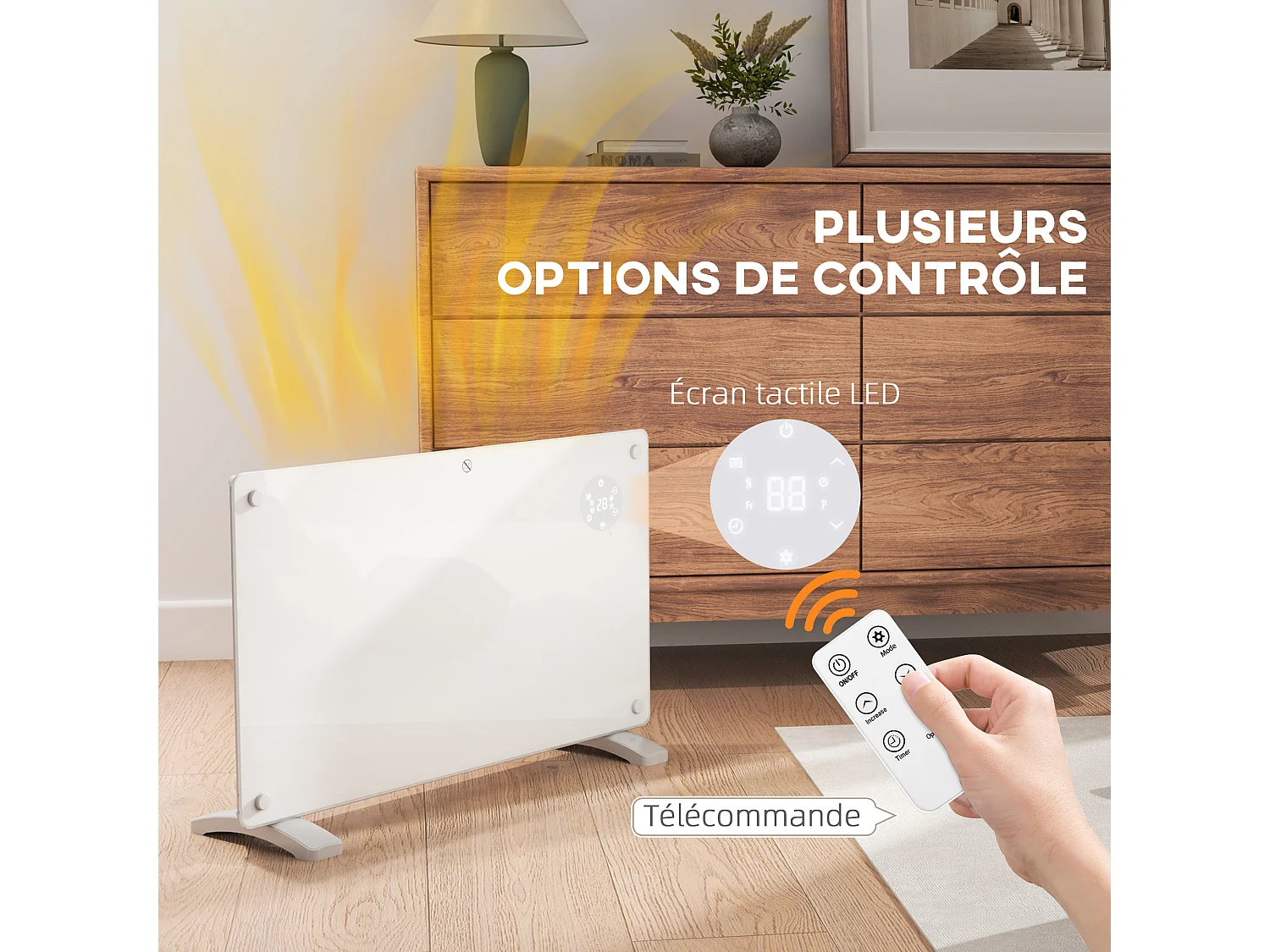 Radiateur à convection 1500W mural autoportant - affichage LED, timer 24h, thermostat, télécommande - verre blanc
