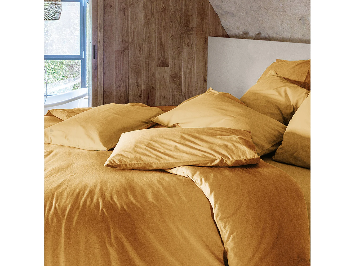 Parure de lit 140x200 cm et 65x65 cm coton lavé PALACE jaune curry 2 pièces