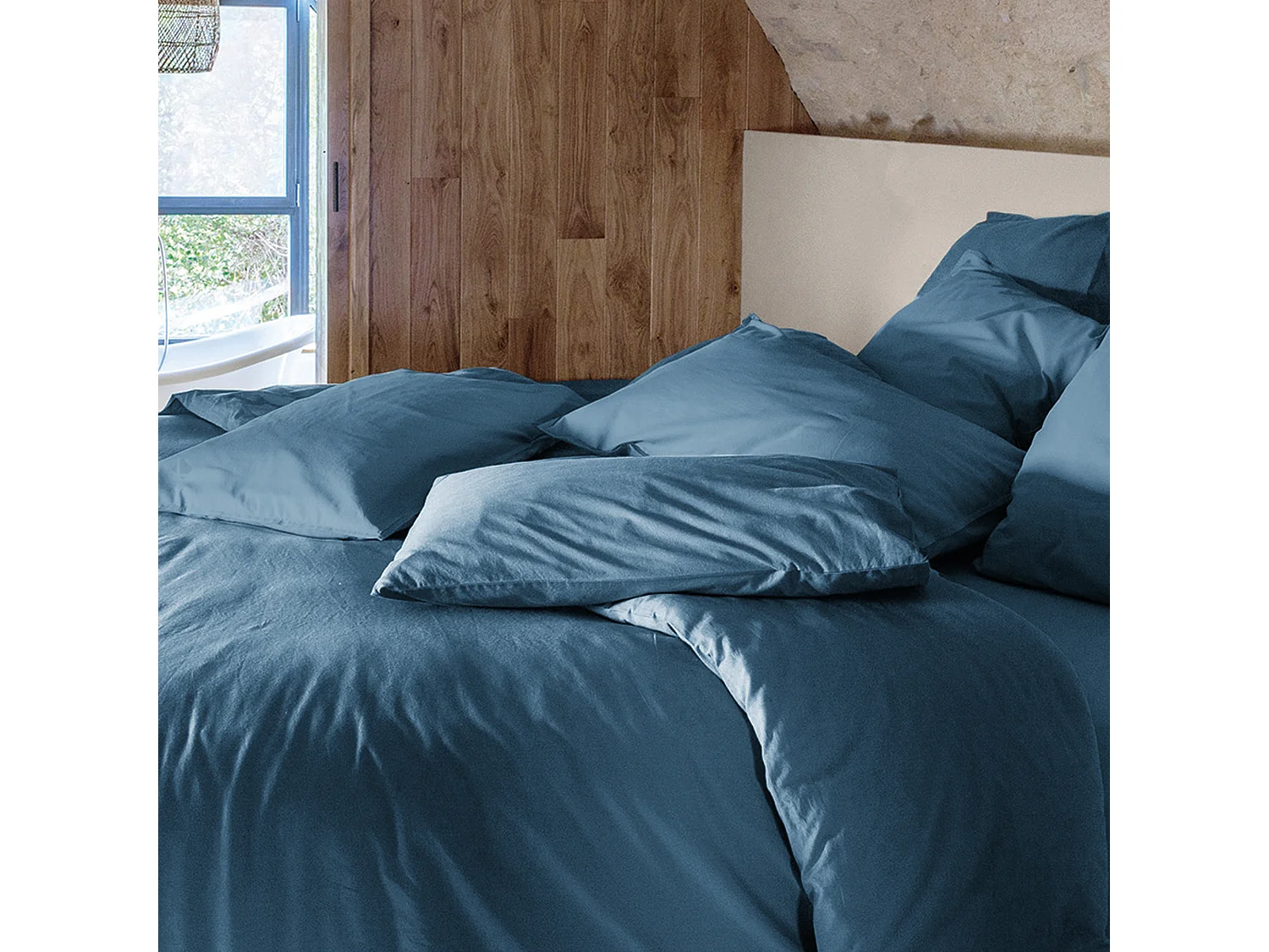 Parure de lit 140x200 cm et 65x65 cm coton lavé PALACE bleu marine 2 pièces