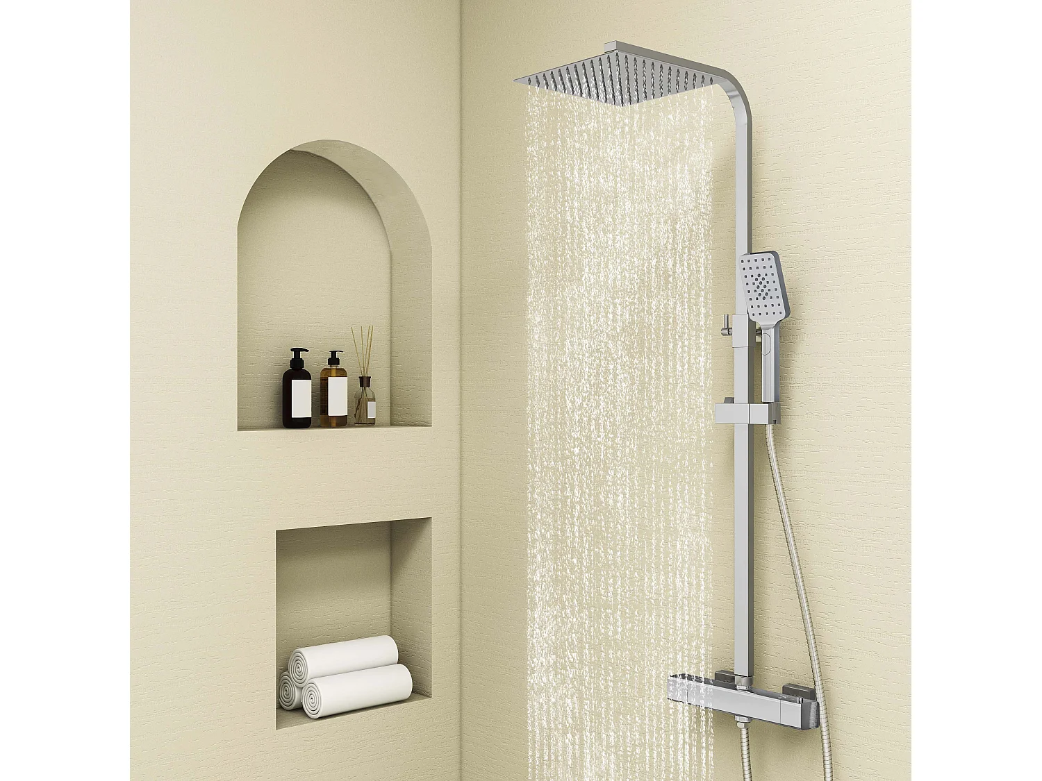 Colonna doccia con miscelatore termostatico, siffione doccia quadrato 25x25cm acciaio inox, cromato