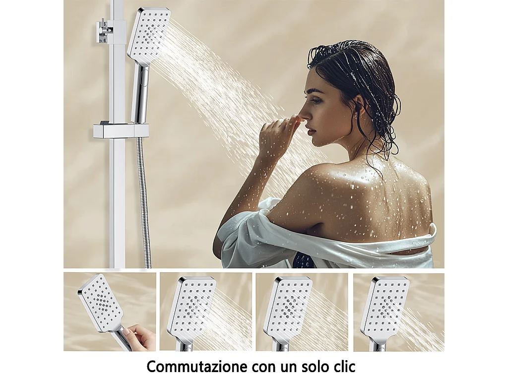 Colonna doccia con miscelatore termostatico, siffione doccia quadrato 25x25cm acciaio inox, cromato