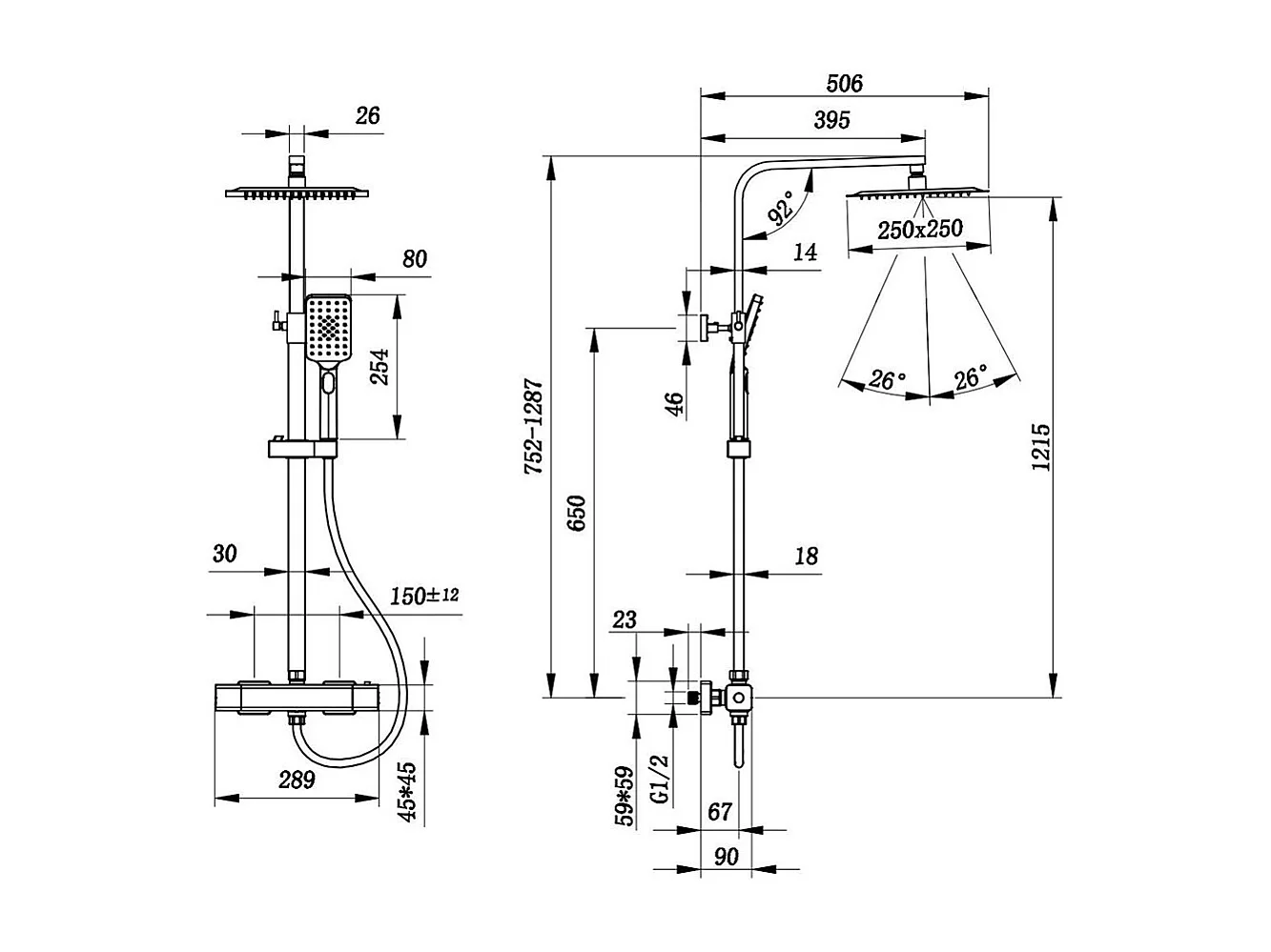 Colonna doccia con miscelatore termostatico, siffione doccia quadrato 25x25cm acciaio inox, cromato