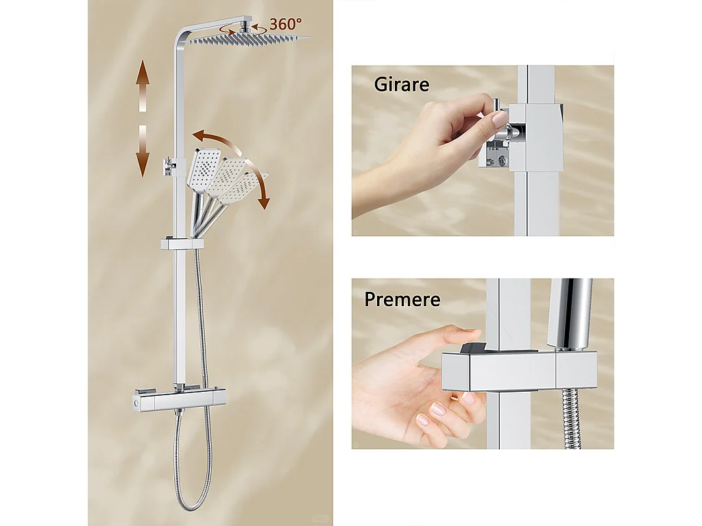Colonna doccia con miscelatore termostatico, siffione doccia quadrato 25x25cm acciaio inox, cromato