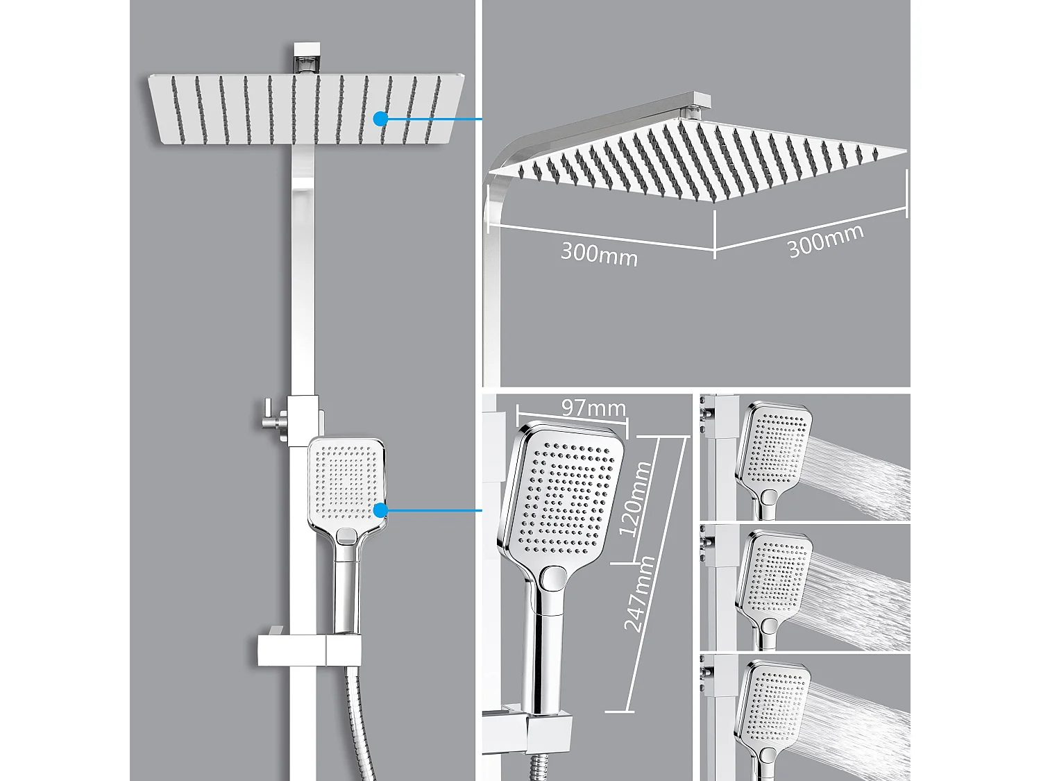 Colonna doccia con miscelatore termostatico, soffione doccia quadrato 30x30cm acciaio inox, cromato