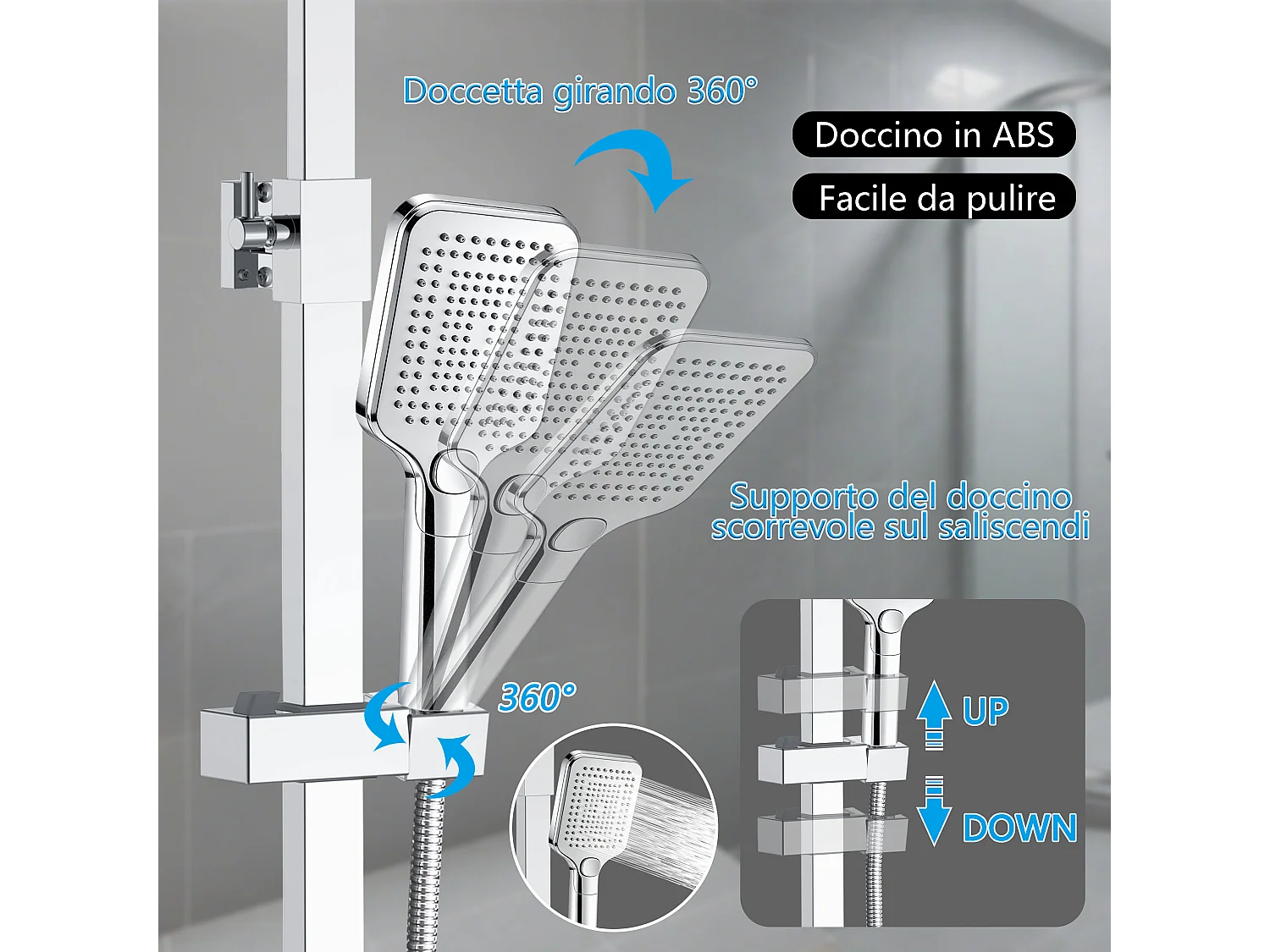 Colonna doccia con miscelatore termostatico, soffione doccia quadrato 30x30cm acciaio inox, cromato