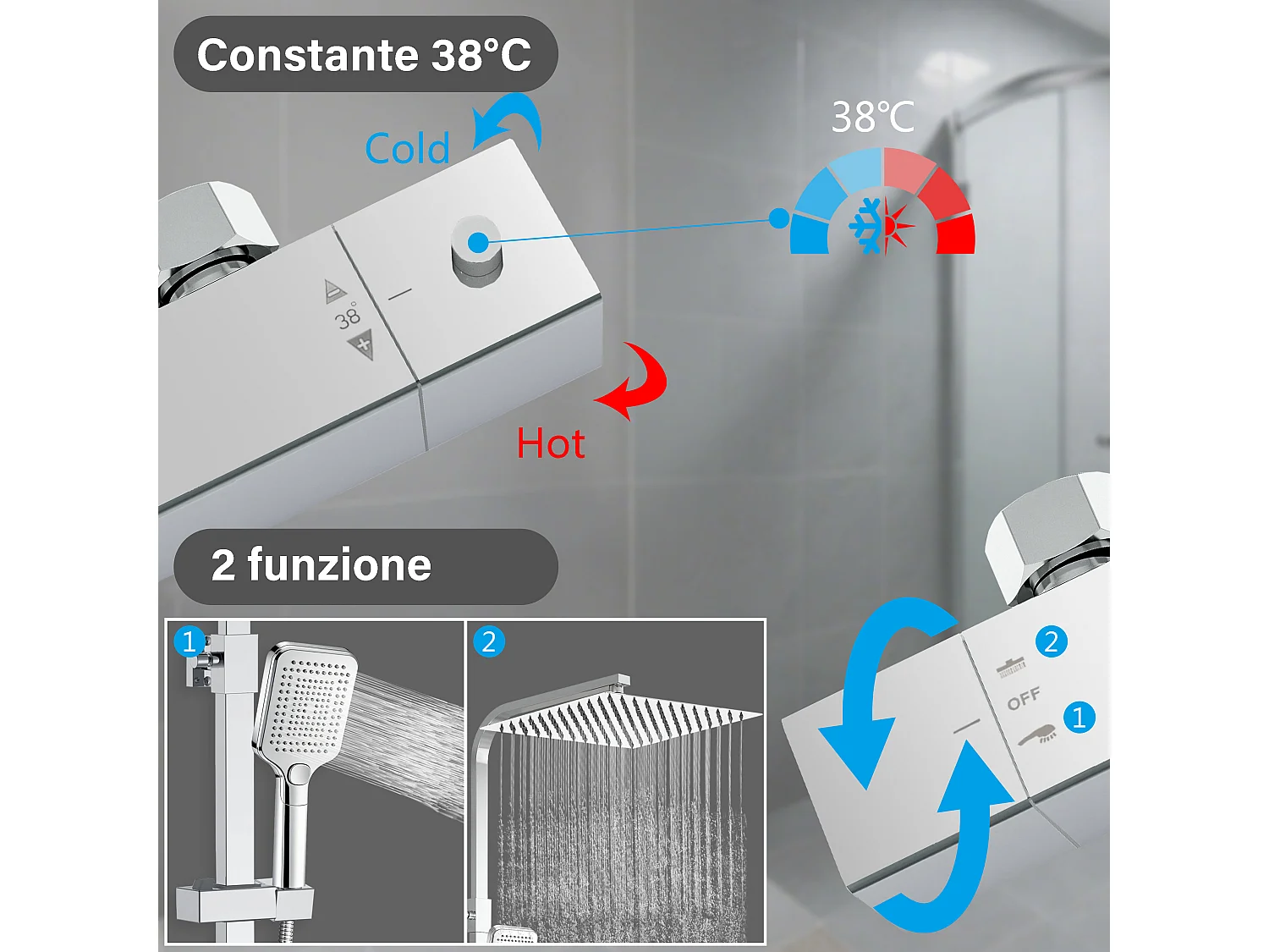 Colonna doccia con miscelatore termostatico, soffione doccia quadrato 30x30cm acciaio inox, cromato