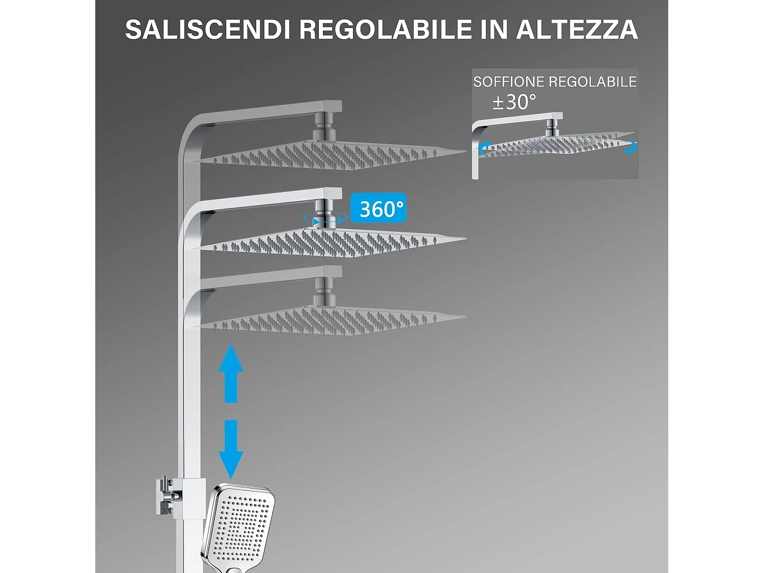Colonna doccia con miscelatore termostatico, soffione doccia quadrato 30x30cm acciaio inox, cromato