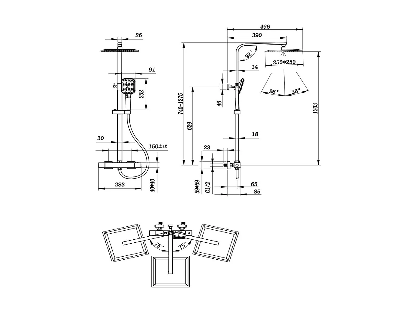 Colonna doccia con miscelatore termostatico, siffione doccia quadrato 25x25cm acciaio inox, nero