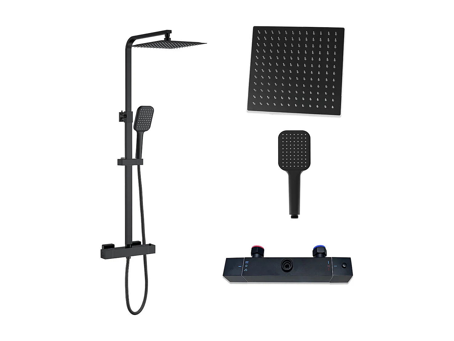 Colonna doccia con miscelatore termostatico, siffione doccia quadrato 25x25cm acciaio inox, nero