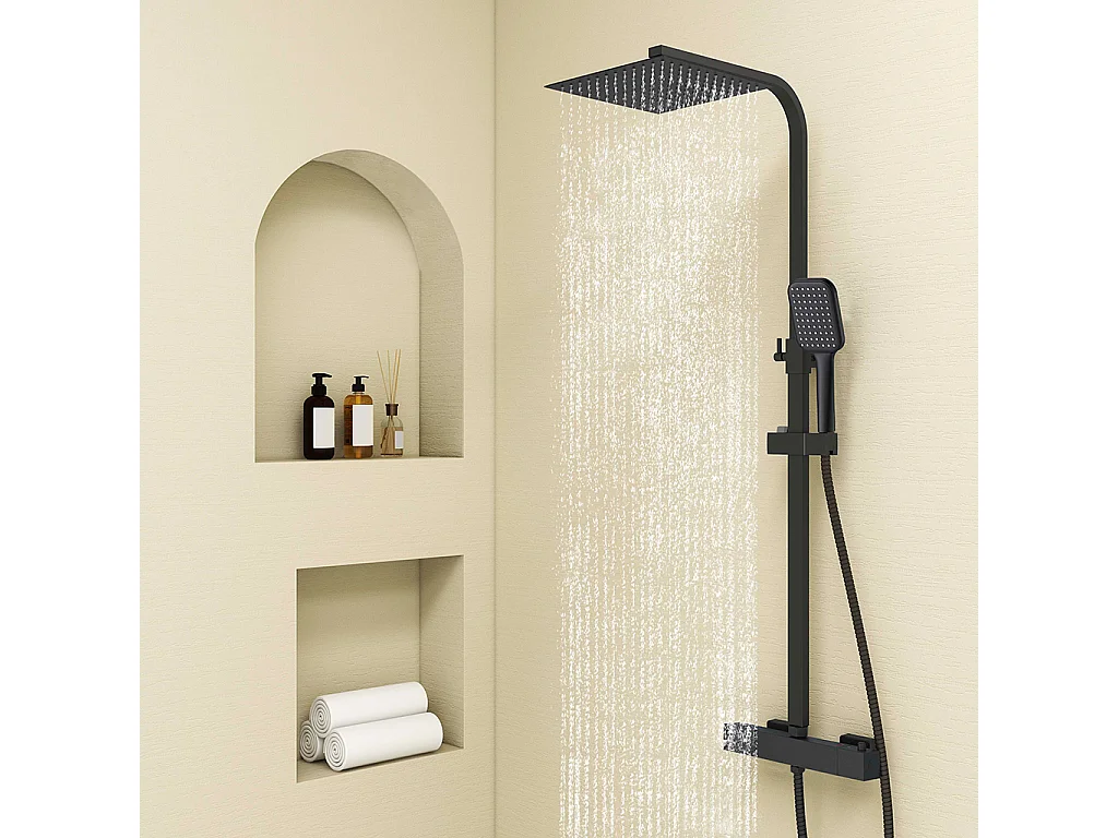 Colonna doccia con miscelatore termostatico, siffione doccia quadrato 25x25cm acciaio inox, nero